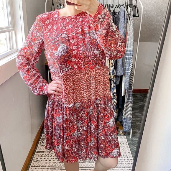 Anthropologie Maeve Red Floral Tiered Mini Dress Long Sleeve S - Picture 2 of 9
